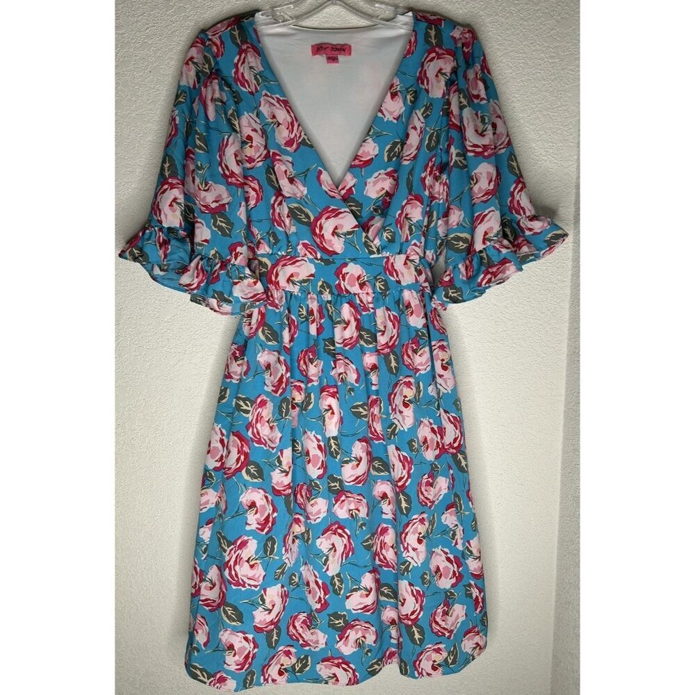 Betsey Johnson Dress Womens 10 Blue Floral Wrap Fit Flare Ruffle Lined Party